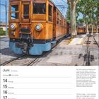 Juni-Kalender, 14.-20., Bild eines historischen Holzstraßenbahnzugs auf Mallorca.