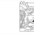 Illustration: Ein Bär taucht halb unter Wasser, umgeben von Seerosen, Fischen und Pflanzen. Hintergrund zeigt Bäume und Hügel.