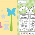 Links: Bunte Formen auf gelbem Hintergrund. Rechts: Türhänger mit "Herzlich Willkommen" und "STOPP! Nicht stören", Feen-Illustrationen.