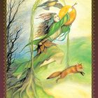 „Tod & Geburt: Viele Türen, viele Welten.“ Illustration zeigt eine Frau mit grüner Kleidung, Trommel, Adler und Fuchs.