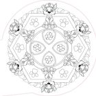 Illustration eines kreisförmigen Musters mit Hundemotiven und Knochen, im Zentrum ein abzeichenähnliches Symbol.