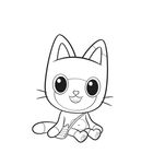 Illustration einer niedlichen, lachenden Katze mit großen Augen und Bandagen an einem Fuß und Ohr, sitzt fröhlich.