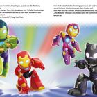 Text beschreibt, wie Iron Man und Freunde Rüstungen anlegen und einen Trainingsparcours aktivieren. Illustration zeigt bunte, kindliche Superhelden in Actionposen.