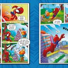 Spidey fragt: "Wo kommen all die Bälle her?" und hilft einer Person, deren Dosenpyramide umfällt. Er schwingt zwischen Gebäuden.