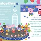 Text: "Rollschuh-Disco", Peppa und ihre Freunde tanzen in einer fröhlichen, bunten Skating-Szene mit Luftballons.