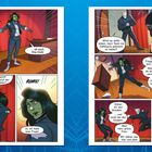 Texte: "Es gibt nur Jennifer Walters, und sie ... ist auch She-Hulk!", "Wirst du dafür büßen, mein Team ins Gefängnis gebracht zu haben?", "RUMS!" 

Illustration: Eine grünhäutige Frau, She-Hulk, in einem Raum mit rotem Vorhang, spricht zu anderen Charakteren. Ein Konflikt entfaltet sich und eine Figur steht überrascht da.