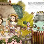 Texte beschreiben die Atmosphäre eines Teetrinkens in einem Cottage. Ein Bus "schnurrt" daneben. Fröhliche Familienszene.