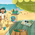 Oben: „Liest du mich am heißen Strand?“ Eine Illustration zeigt ein Kind, das Sandburgen baut. Ein Strand mit Meer und Sonne.