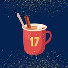 Tasse mit der Zahl "17", gefüllt mit einem Getränk, Zimtstange und Strohhalm. Hintergrund mit goldenen Punkten.