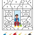 Zahlen von 1 bis 6 auf einem Malen-nach-Zahlen-Bild einer Person. Unten bunte Farbfelder mit Zahlen.