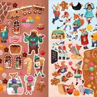 Illustration von Tiere in Winterkleidung, die Süßigkeiten und Weihnachtsfeiern genießen. Bäckerei und Eislaufszenen.