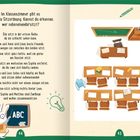 Unterrichtstext über Sitzordnung mit Namen: Ella, Finn, Anne, Noah, Leon, Matthéo, Lina, Sophia. Illustration eines Klassenzimmers.
