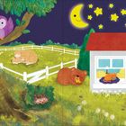 „Und wer macht jetzt die Augen zu? Du!“ zeigt schlafende Tiere: Füchse, Eule, Schaf, Igel, Bär, Hund, Katze und Maus unter einem Sternenhimmel.