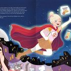 Texte: "Glutenfreie Kekse", "Glutenfreies Müsli", "Maismehl", "Nudeln". Illustration: Ein Mädchen bewundert eine Superheldin mit rotem Umhang.