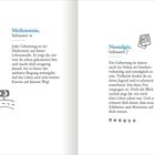 Links: "Meilenstein, Substantiv m". Text über Geburtstage als Wegmarken. Rechts: "Nostalgie, Substantiv f". Text über nostalgia.