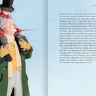 Ein älterer Mann trägt ein lächelndes Kind mit Zylinder auf den Schultern, im Schnee. Text rechts.