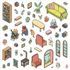 Zahl "8" in der Ecke. Cartoonhafte Katzen lesen und musizieren in einem gemütlichen Raum mit Möbeln und Pflanzen.