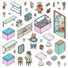 Die Zahl 5 unten rechts. Illustration von katzenartigen Figuren in einem Eiscafé. Mehrere Tische, Eismaschine, Dekorationen.