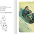 Text spricht über beste Freunde und endet mit „Mein bester Freund, das ist Opi!“. Links Zeichnung, rechts Illustration von Opa und Kind auf Schlitten.