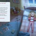 Text: "Also, meine liebe ... Alles liebe!"  
Illustration: Ein Mädchen liegt im Bett, umgeben von Spielzeug und Zeichnungen.