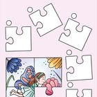 Kannst du das fehlende Puzzlestück finden? Kreuze an. Illustration eines Puzzles mit einer Fee und Blumen.