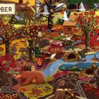 Oben links steht "Oktober". Illustration von Tieren und Menschen in herbstlicher Landschaft mit Teich und Bäumen.