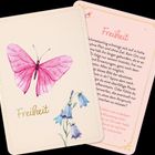 Erste Karte: "Freiheit" in Gold mit rosa Schmetterling und blauen Blumen. Zweite Karte: Text über Freiheit und Möglichkeiten.