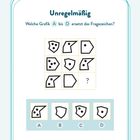Rätsel mit Formen: Oben steht "Unregelmäßig". Unten sind Antwortmöglichkeiten A bis D in geometrischen Formen.
