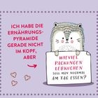 Text: "Ich habe die Ernährungspyramide gerade nicht im Kopf, aber wieviel Packungen Lebkuchen soll man nochmal am Tag essen?" Davor ein niedlicher stilisierter Igel mit Schild.