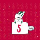 Zahl 5 in Rot. Illustration eines Biebers mit Mütze vor rotem Hintergrund mit stilisierten Bäumen und Punkten.