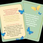 Zwei Karten mit Schmetterlingen; eine ermutigt zu geistiger Entspannung, die andere schlägt Luftballons als Gedankenmetapher vor.