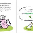Links: Kuh, Schaf, Schwein und Katze. Rechts: Huhn auf Radio, spricht über Glücksschwein.
