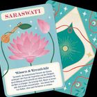 "SARASWATI. Wissen & Kreativität. Saraswati, die hinduistische Patronin der Künste... Inspiration, Bildung und Kreativität." 
Illustration mit großer rosa Lotusblüte und Sitar.