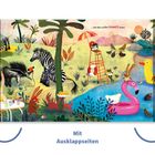 Ein buntes Wimmelbild mit Tieren: Zebras, Tiger und Hasen genießen Pommes an einem See. Text: "...und alle wollen POMMES essen."