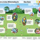 Text im Zentrum: "Mein erstes Wimmelbuch: Das Quiz." Bunte Illustration mit zehn nummerierten Fragen und versteckten Figuren.