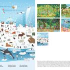 Finde den Pinguin mit der Mütze. Was gehört nicht hier hin? Welches Tier hat eine grüne Nase? Wie viele Füchse kannst du sehen?