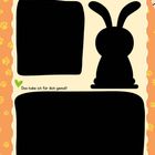 Texte: „Das ist mein Lieblingsspielzeug“, „Kratze dem Hasen ein wildes Muster!“, „Das habe ich für dich gemalt“. 

Illustration: Silhouetten eines Hasen und Platz für Zeichnungen, umgeben von Tiermotiven.