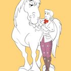 Eine Illustration zeigt eine junge Frau mit roter Schleife bei einem großen Pferd vor gelbem Hintergrund.