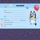 Einladungstext mit Lücken zum Ausfüllen, bunte Sterne und Eis, Cartoon-Hund mit Ballon auf hellem Hintergrund.