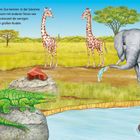 Text: „Was frisst der Löwe gerne? Wer erkundet mit seiner Mama die Wasserstelle?“ Afrikanische Savanne mit Giraffen, Elefant.