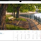 "Mai", "Friedrichshafen - Morgensonne am Schlosshorn". Ein sonniger Uferweg mit Bäumen, Bank und Geländer entlang des Wassers.