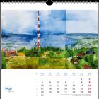 Mai. Montag bis Sonntag in Blau und Rot. Illustration: Landschaft mit Turm, Wiesen und Bäumen, im Hintergrund Wasser.
