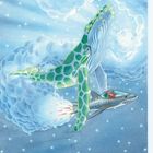 Texte: "TK". Illustration eines Wals mit grünen Flecken fliegt durch Wolken neben einem Raketenhai.