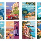 Texte: Portofino, Pise, Italie, Sicile. Illustrationen von idyllischen italienischen Landschaften, Gebäuden und Küsten.