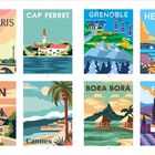 Es sind Postkarten mit Illustrationen: Paris (Eiffelturm), Cap Ferret (Leuchtturm), Grenoble (Berge), Hendaye (Strand), Lyon, Cannes, Bora Bora, France (Lavendelfeld).