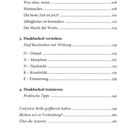 Texte listen Themen und Seitenzahlen auf. Kapitel über Dankbarkeit und praktische Tipps. Ende: Autorin, Kontakt.