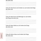 Seite 20. Aufgabe: Notiere drei schöne Dinge an Bauch, Brust, Schultern, Armen, Ellenbogen, Händen und Hals. Links: Einheit 1.