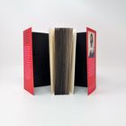 Roter Text und Bild einer Frau auf schwarzem Hintergrund, daneben aufgeschlagenes Buch mit weißen Seiten gut sichtbar.