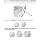Texte beschreiben die Gestaltung der Euro-Umlaufmünzen, entworfen von Luc Luycx. Gezeigt werden Münzen von 1 bis 50 Cent.
