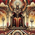 "IV - DER HERRSCHER". Illustration: Majestätische Figur auf Thron, imposante Symbole und geometrische Muster.